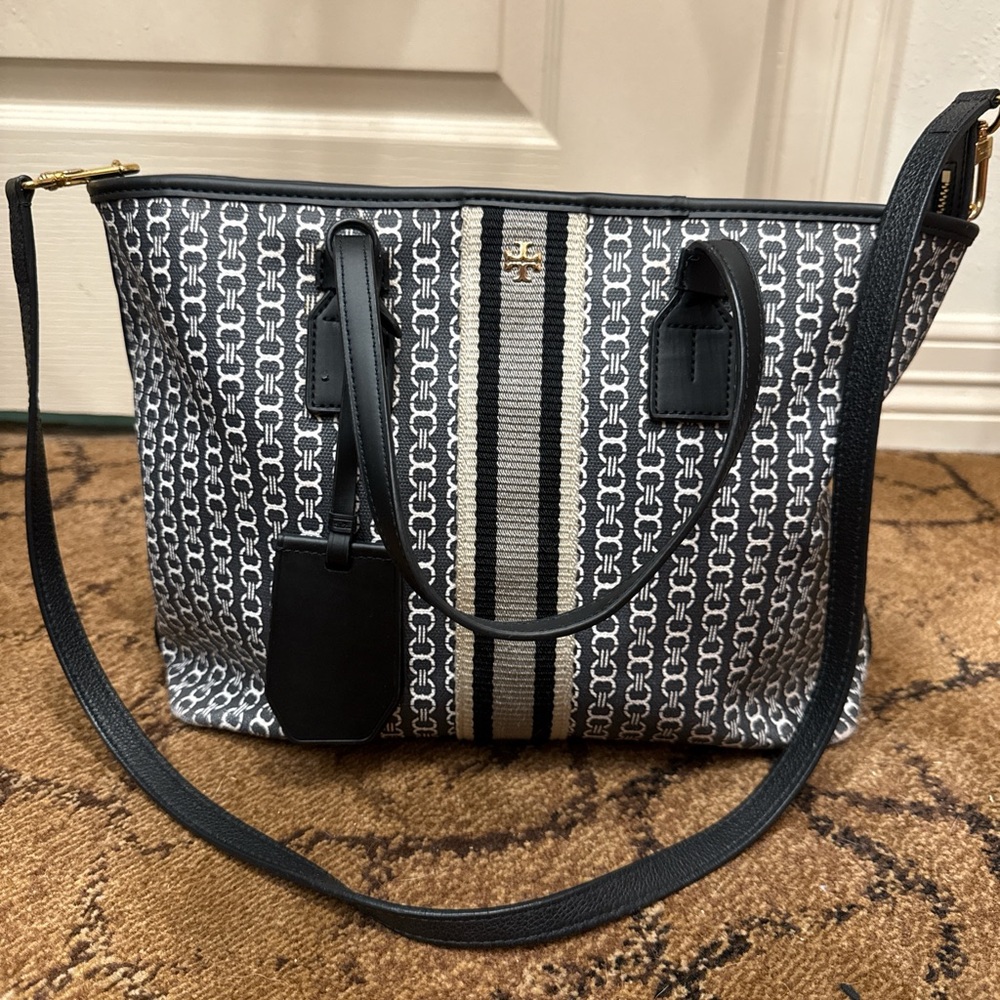 Tory Burch Black and White Gemini link canvas tote